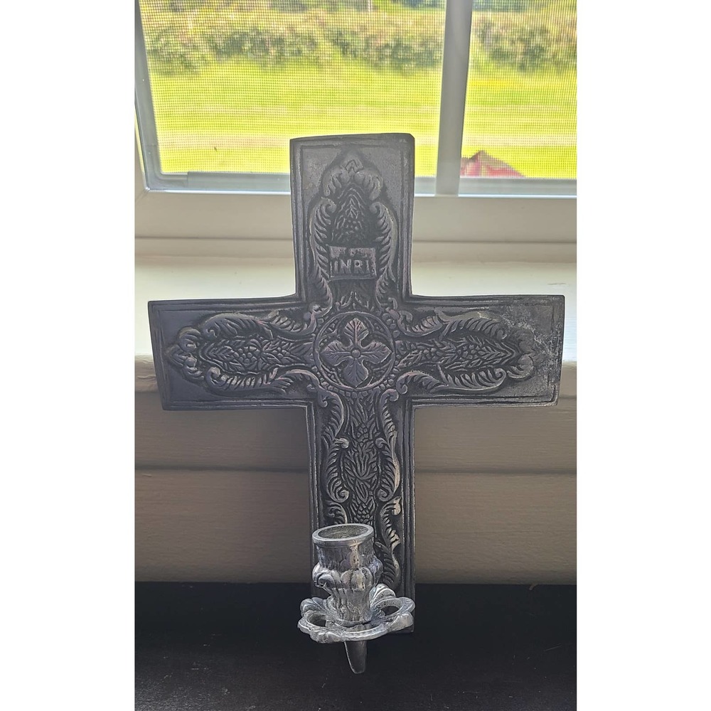 Silver Pewter Decorative Cross Candle holder Wall Hanging Art 10 x 8" Religious